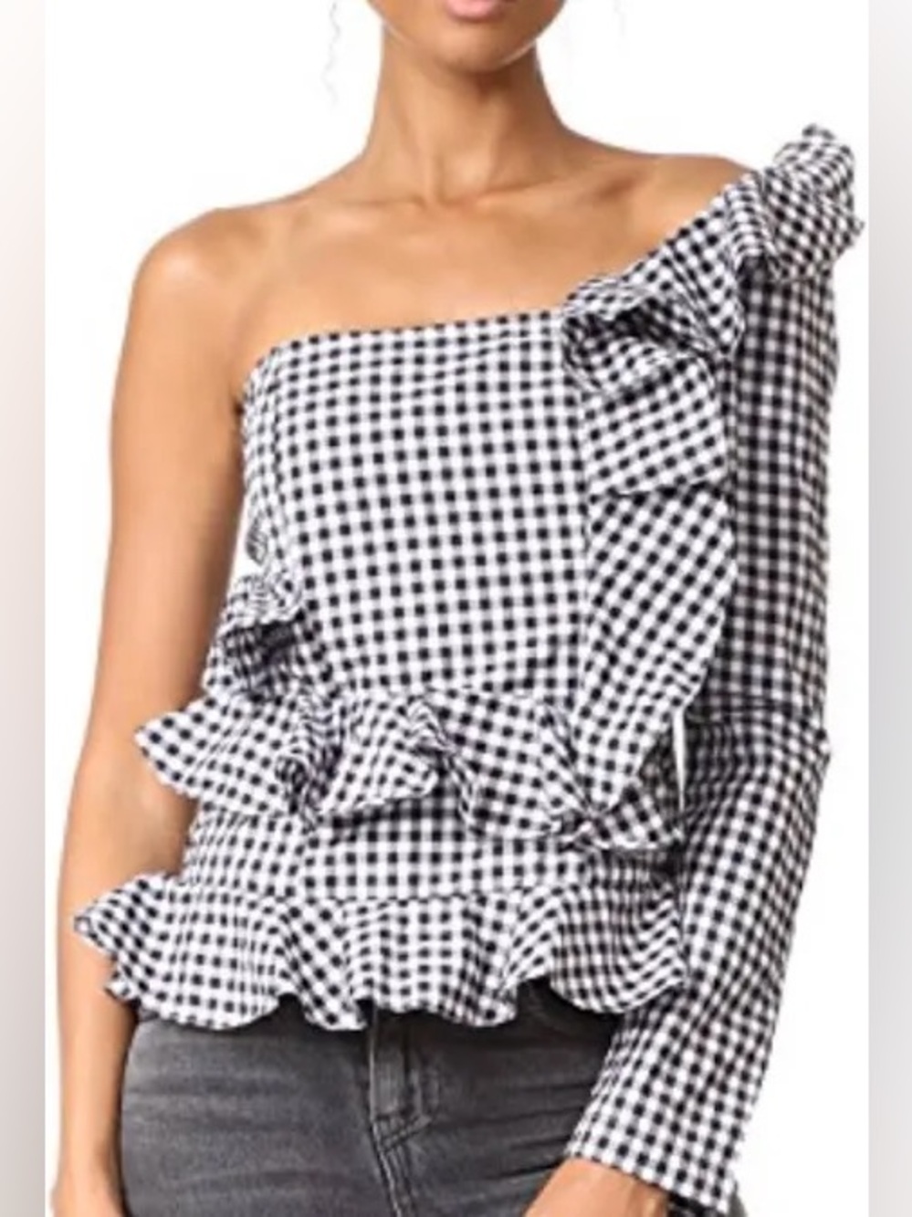 MLM LABEL ONE SHOULDER GINGHAM RUFFLE TOP